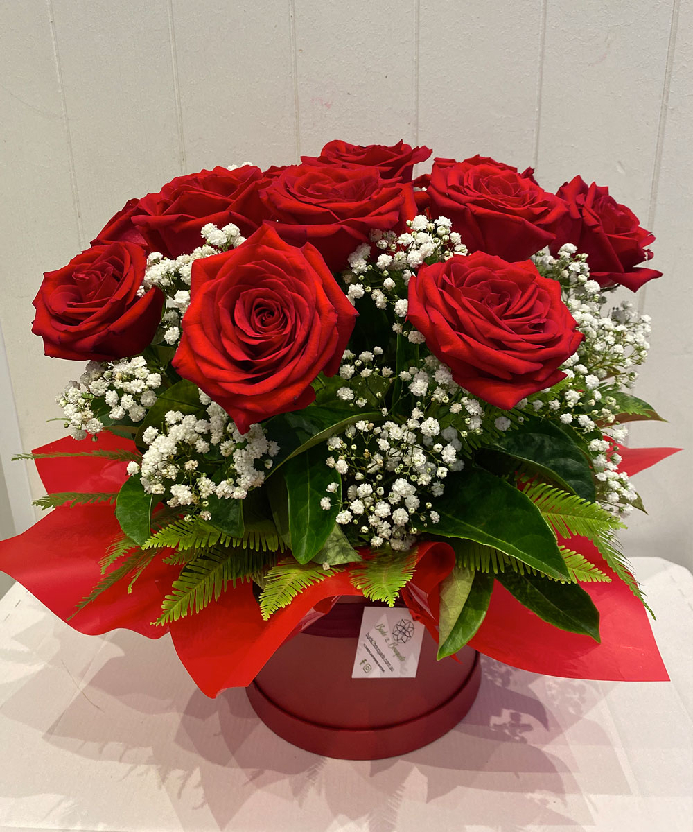 1 Dozen Red Roses & Gyp in Hatbox - Buds 2 Bouquets